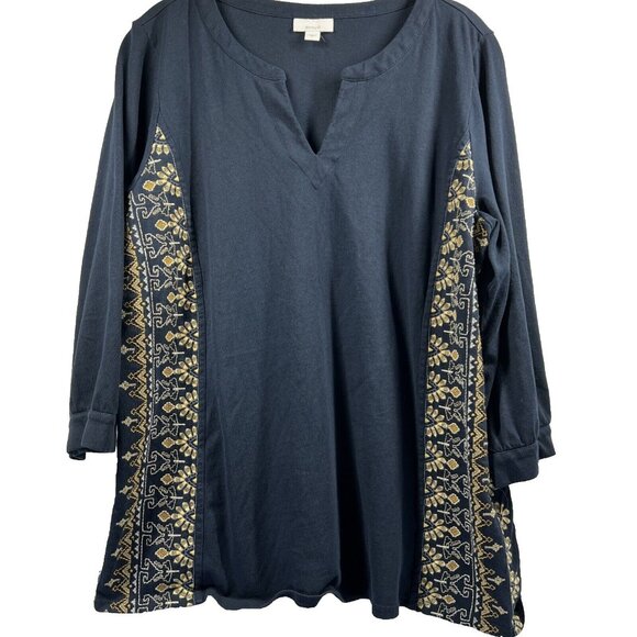 J Jill PureJill Women's Top Size Large Blue Gold Embroidered 3/4 Sleeve Cotton - Picture 1 of 7